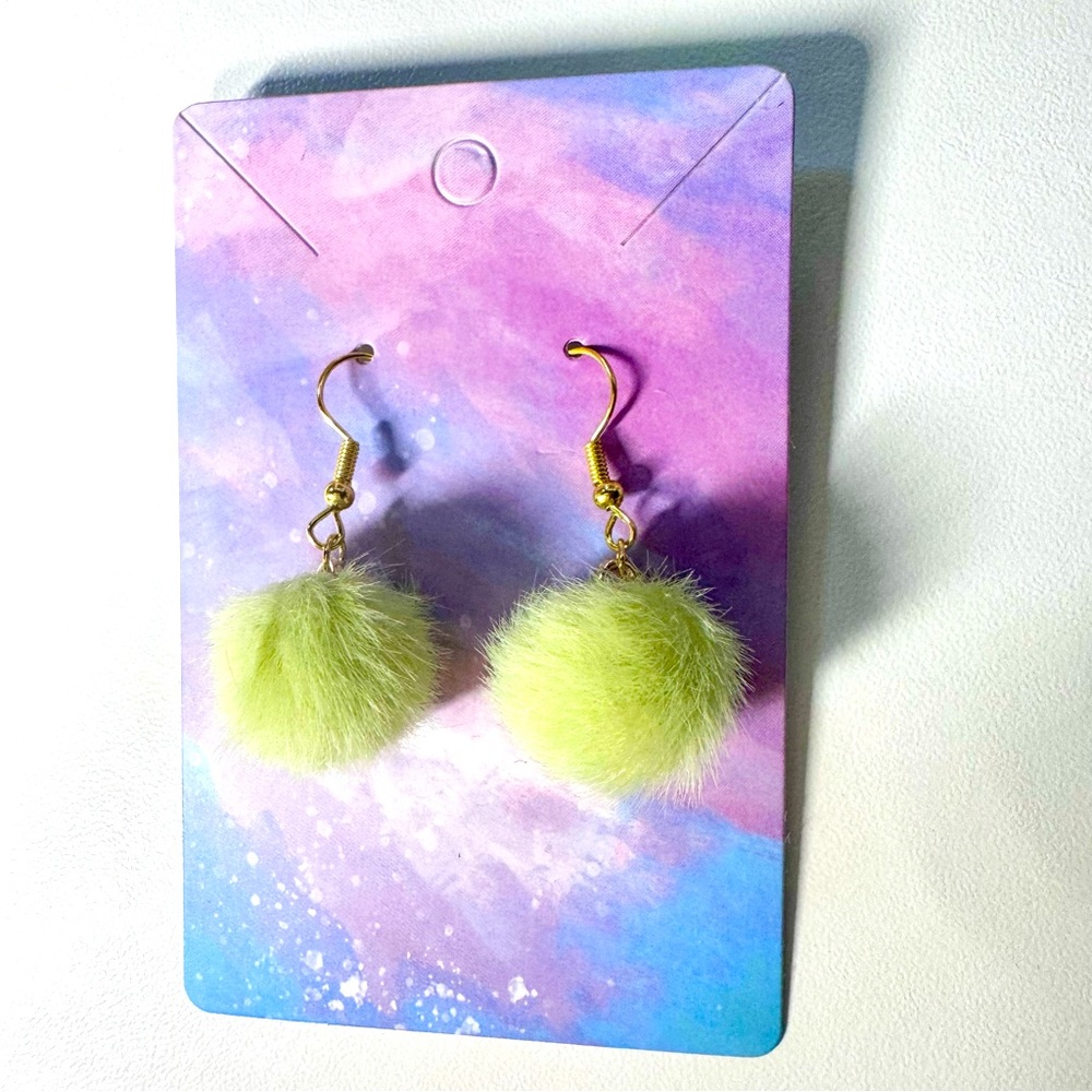 Lime green pastel fluffy faux fur ball gold stainless steel hook earrings